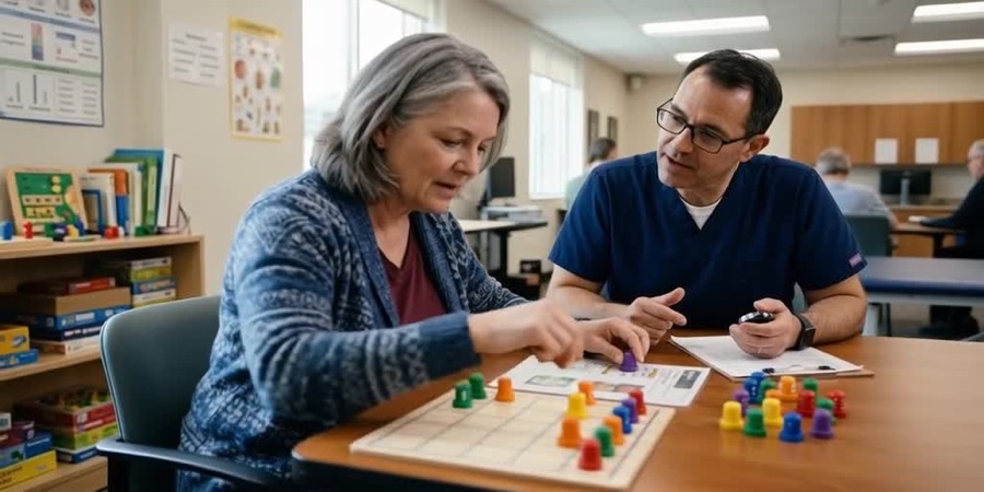 A clinician and a woman working together on a structured pegboard task in a therapy room.