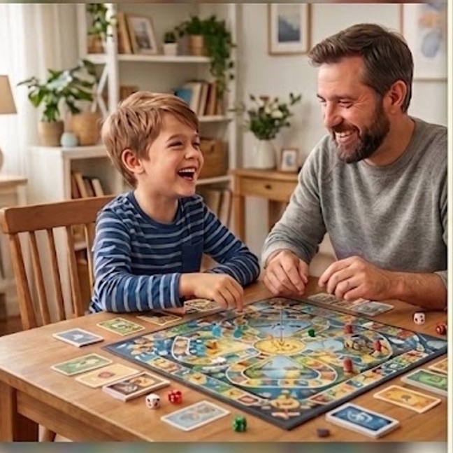 A boy and a man laughing together over a board game at a kitchen table.